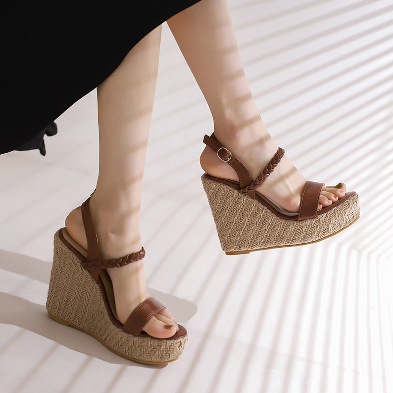 Retro summer straw women's sandals wedge heel platform open toe