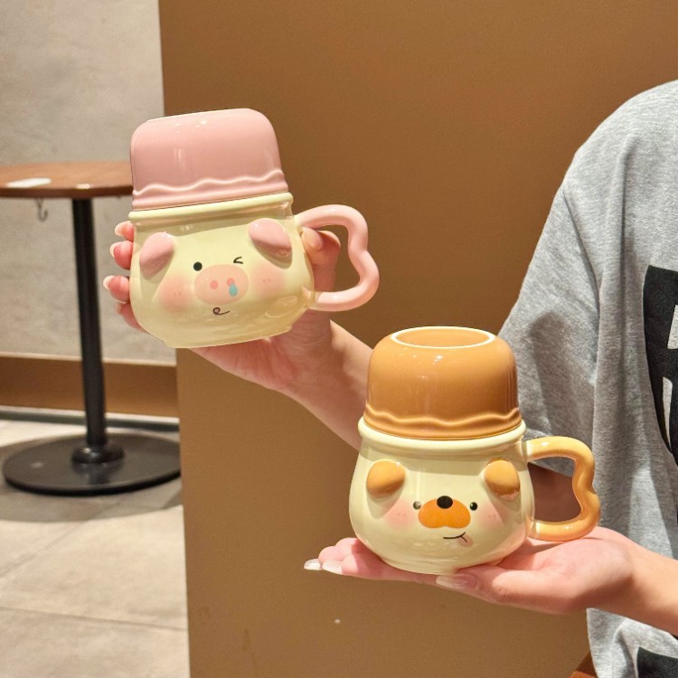 Cute cerdo taza de cerámica taza de cerámica con cubierta para niñas taza de desayuno infantil de oficina taza de café leche