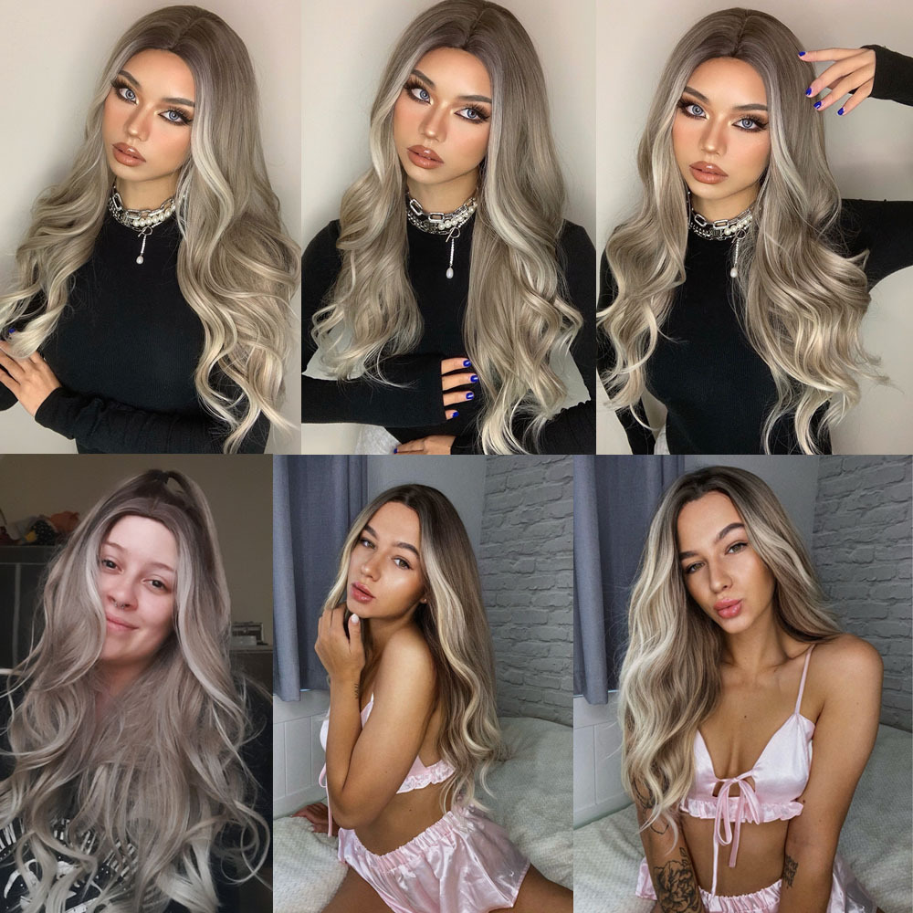 Synthetische Perücke für Damen, langes lockiges Haar mit Farbverlaufsfärbung auf dem Kopf, großes Wellen-Stirnband, Hochtemperatur-Seiden-Rosennetz_voghion.com