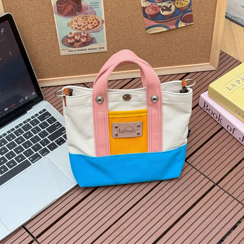 Bolsa de lienzo de moda de color contraste para niños jardín de infantes bolsa de balde portátil de letras extranjeras bolsa de mochila para niños