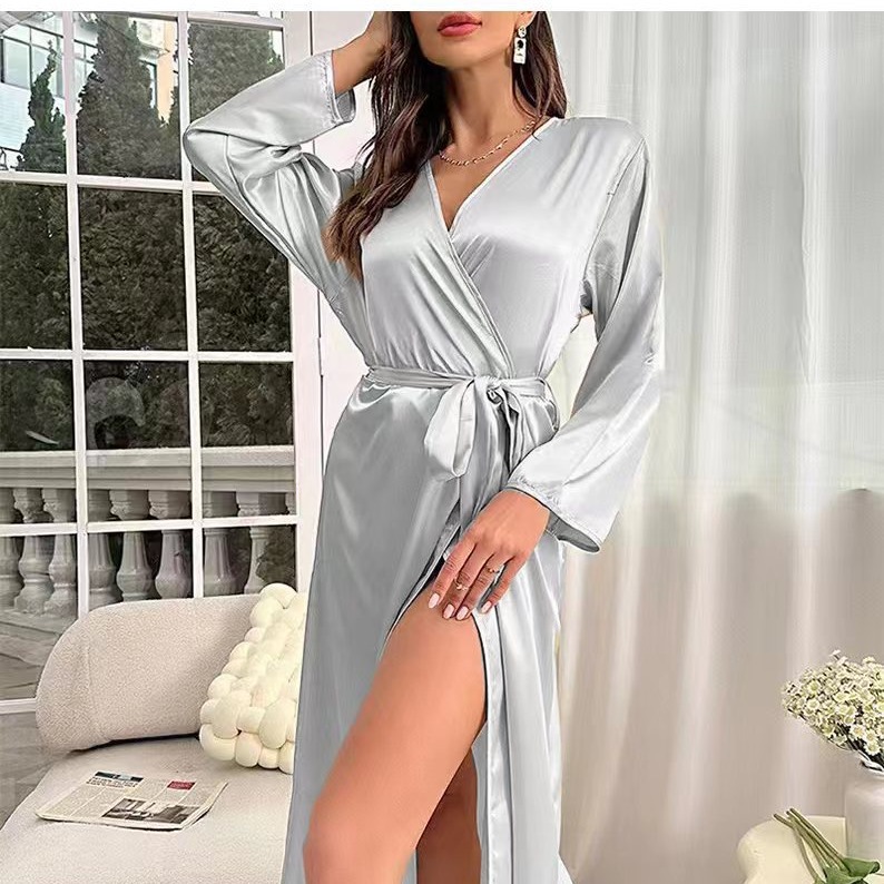 Amazon transfronteriza Venta caliente largo Albornoz de las mujeres sexy con cuello en V encaje-up camisón desgaste del hogar de comercio exterior