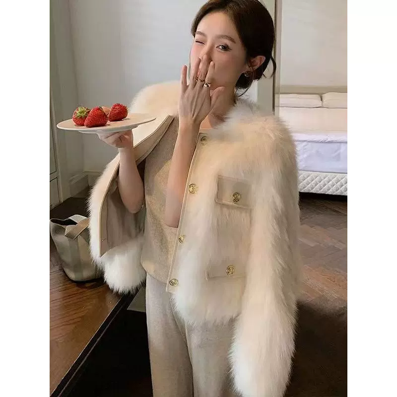 小香风皮草外套女2023秋冬年轻新款韩版仿狐狸毛修身显瘦毛毛大衣
