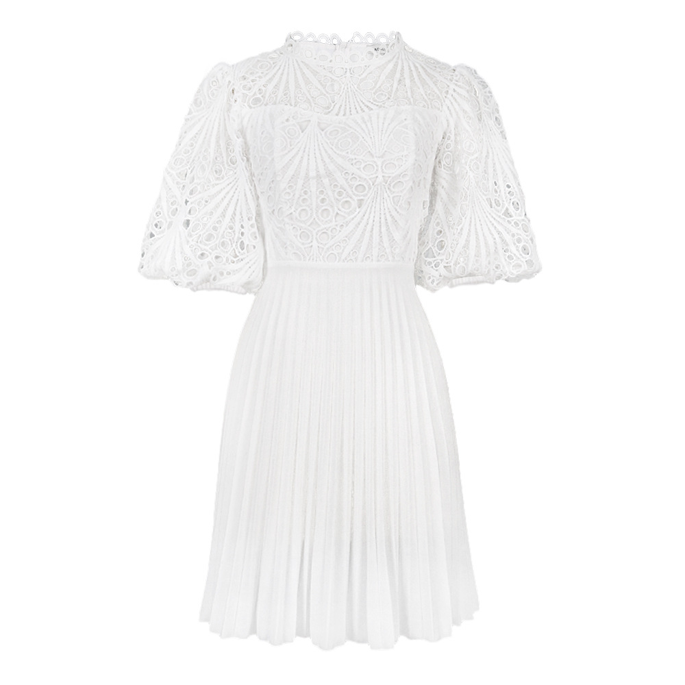 Summer Plus-size Women's White Lace Stitching Pleated Hollow Sexy Dress Dress