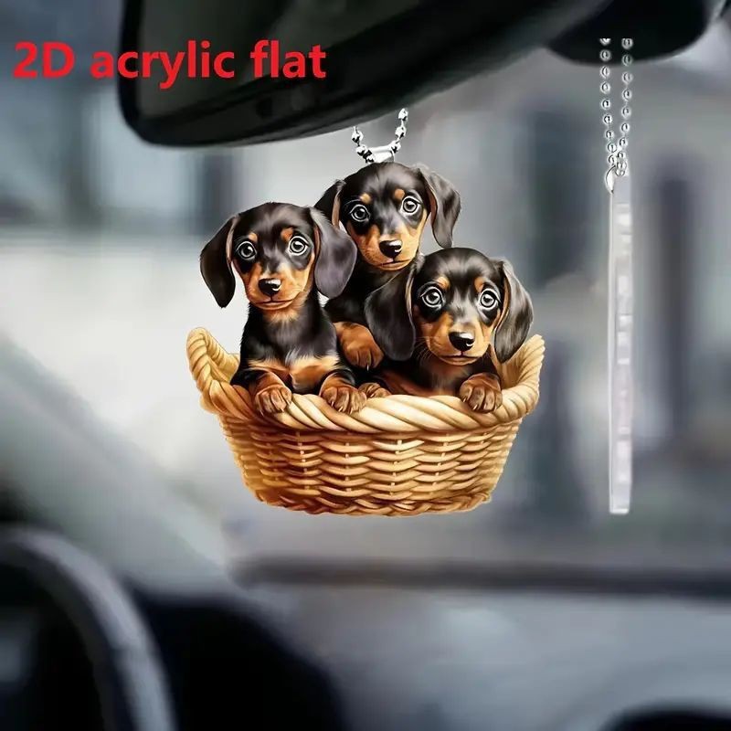 Cestas lindas perros colgantes 2D a través de espejos planos acrílicos nuevos colgantes de decoración de espejos retrovisores
