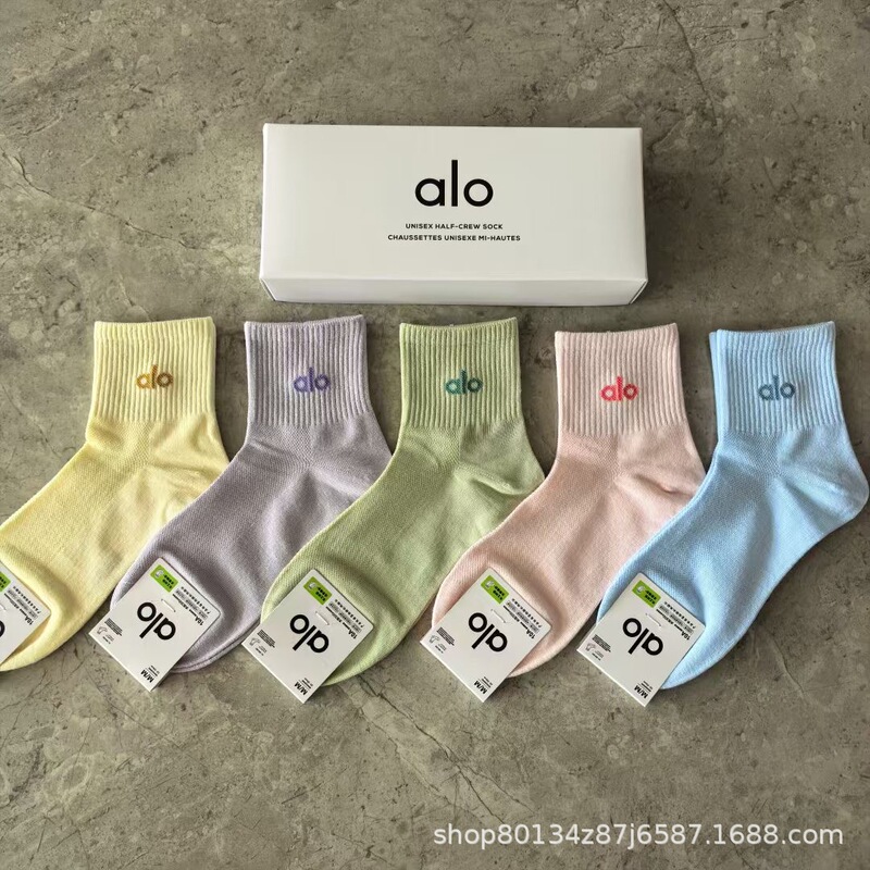 新品alo男女5双盒装运动短袜四季吸汗纯色网眼棉袜时尚男女情侣袜|undefined