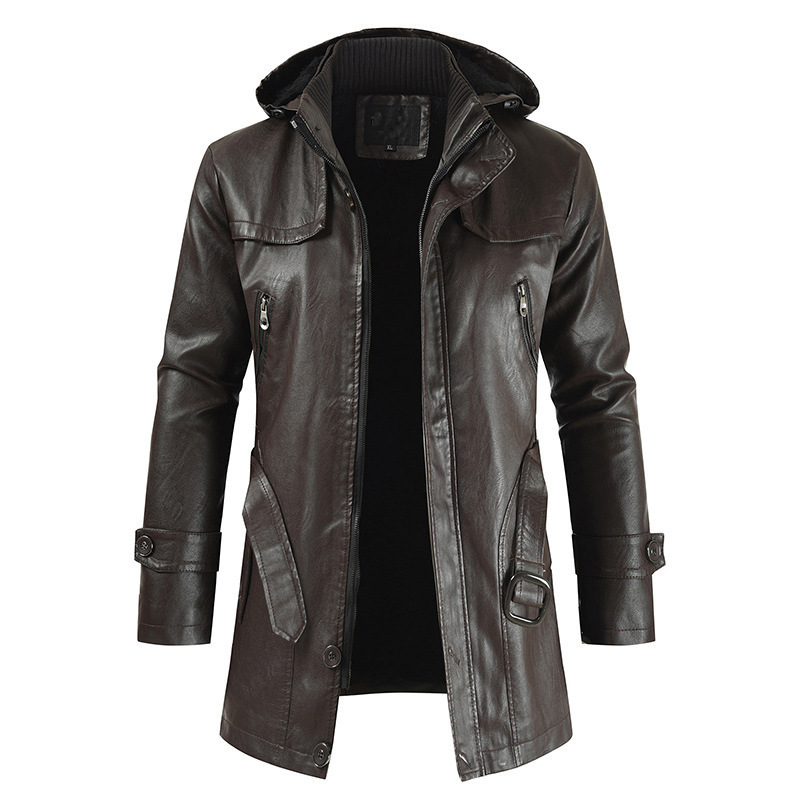 New 2025 Autumn Cross-Border Men's Leather Jacket Casual Fashion Mid-Length Pu Leather Jacket Hooded Slim Export Jacket