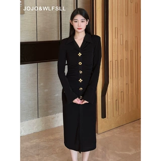 现货Gourcuff女装黑色气质针织连衣裙2026春季高级感修身包臀裙子