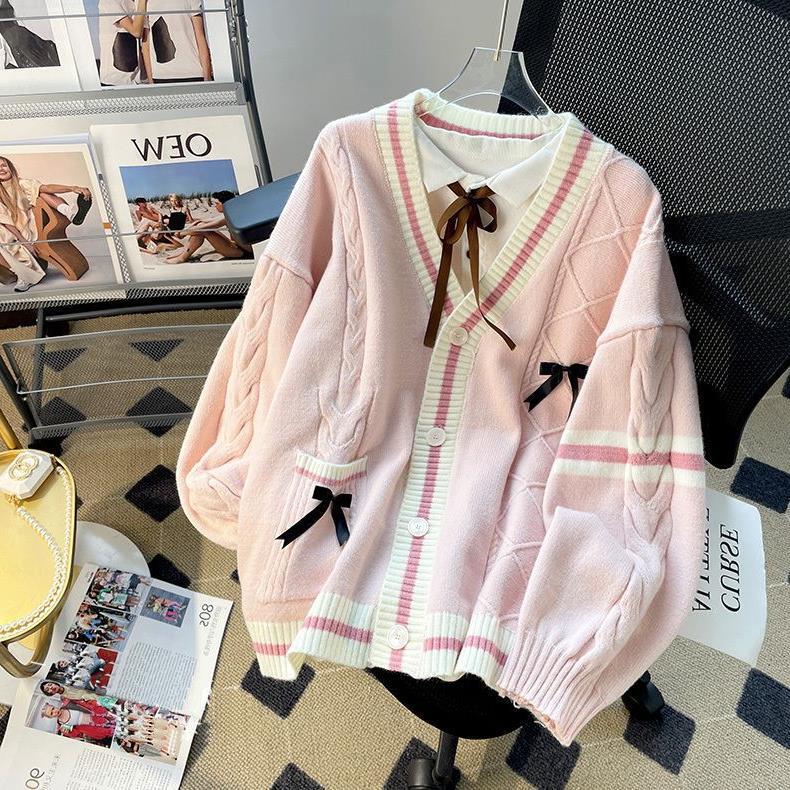 Fall 2023 Women's clothing Korean style loose college style cute bow sweater knitted cardigan for female students