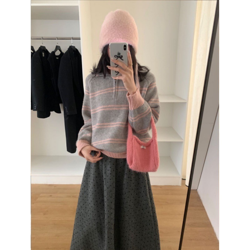 egg翻领条纹毛衣复古半拉链加厚针织衫女秋冬新款慵懒设计感显瘦|undefined