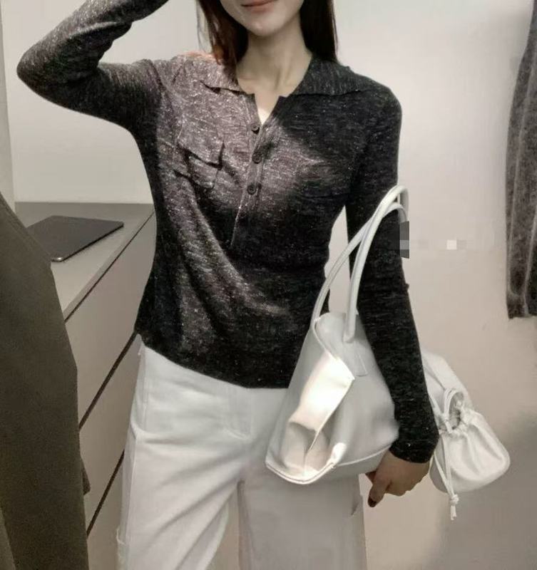 韩系设计感别致减龄polo领长袖针织衫女秋新款双口袋洋气百搭上衣|undefined