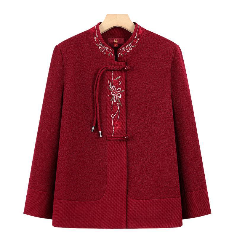 Middle-Aged and Elderly Women's New Long-Sleeved Embroidered Jacket Cardigan Large Size Blouse Mother-In-Law Simple Clothes for the Elderly