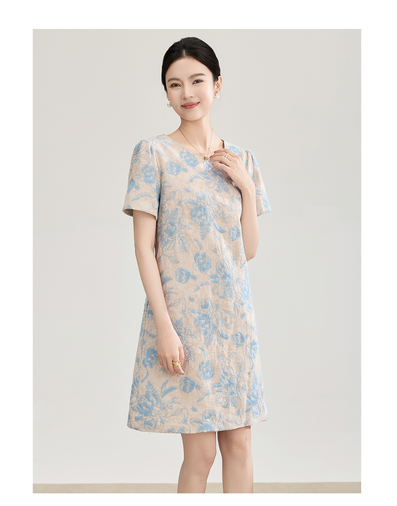 Đầm chữ A thêu jacquard tay ngắn mùa xuân hè — xanh lam chi tiết 16