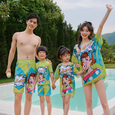 Cross border Parenting Swimsuit Whole family Four ins fashion hot spring Fission Four piece suit Hooded Smock Sunscreen Beach pants