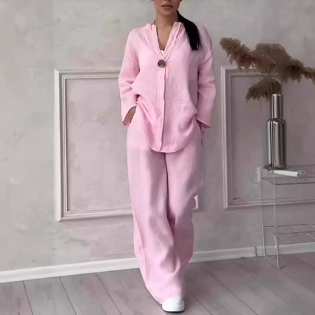 Ensemble de vêtements décontractés pour femmes en coton et lin : haut ample et confortable, pantalon large. Mode pour occasions formelles et décontractées._voghion.com