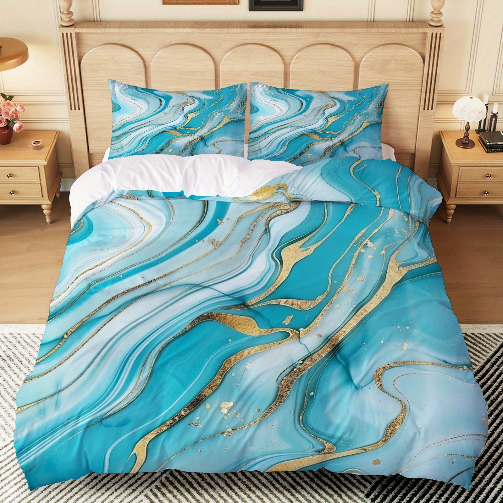 TEMU / JIT polvo oro mármol textura suave molienda impresión digital kit de colcha se puede ajustar