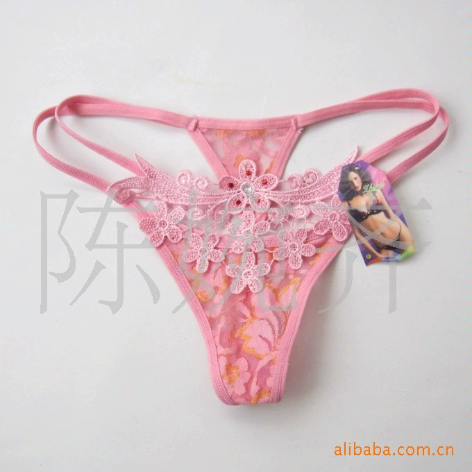 Women's T-Back Thong T36, Decorative Lace Applique with Small Pocket, Multi-Color (Black/Fuchsia/Red/Rose)