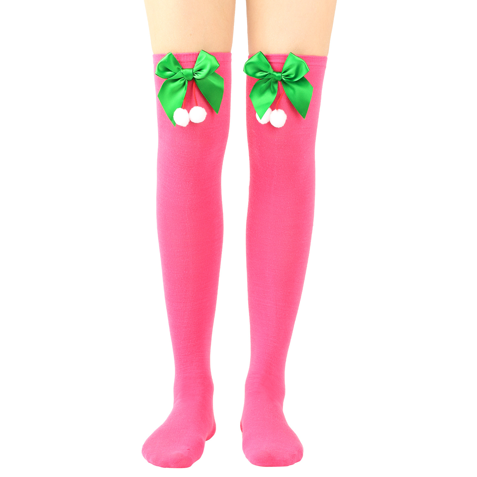 Calzini natalizi unisex con fiocco, calzini a palla, sopra il ginocchio, calzini lunghi da donna, calzini natalizi a righe_voghion.com
