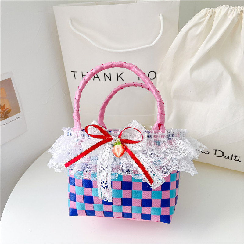 Al por mayor pastoral cesta de verduras niña los niños dibujos animados conejo fresco color tejido bolso la muchacha