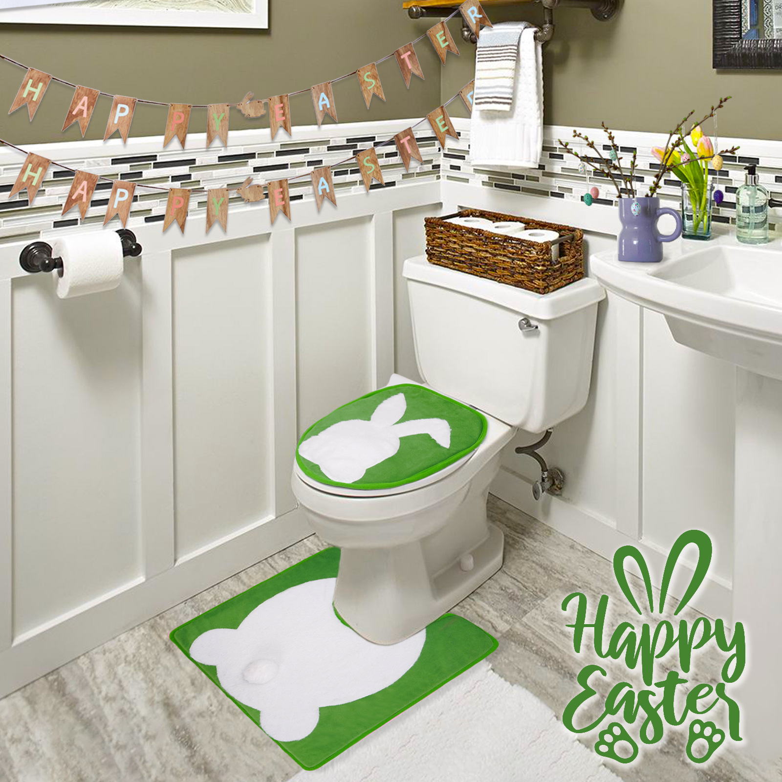 Nuevos productos transfronterizos decoración inodoro fiestas inodoro almohadilla de dos piezas set decoración conejo de Pascua inodoro almohadilla de pascua