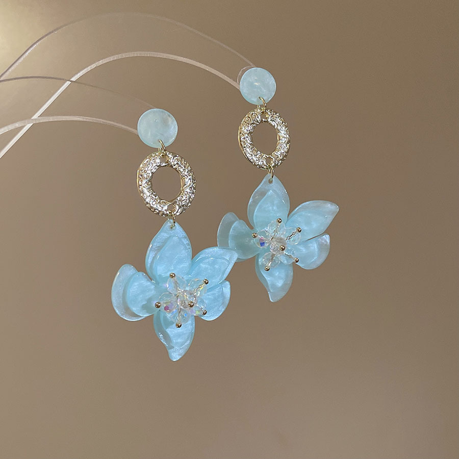 Pendientes de borla de flor de vidrio de resina de aguja de plata Pendientes de lujo ligero y dulce de alta gama Pendientes de nicho de moda mujer