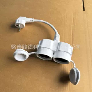 供应亚马逊白色欧式一转二插座欧规户外防水一分二延长线插
