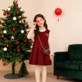 女童红色拜年服连衣裙2026新款冬季大童女孩过年毛衣裙子儿童套装