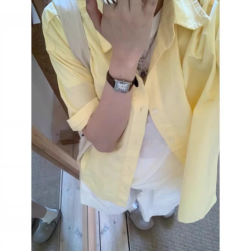 Korean Style Gentle Style Milky Yellow Short-Sleeved Shirt for Female Students in Summer Loose Casual Versatile Solid Color Top