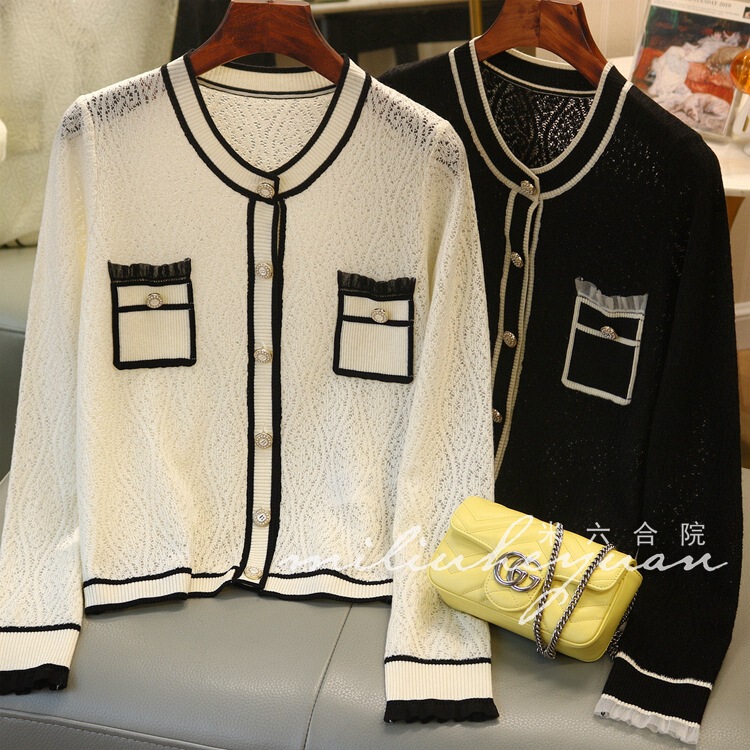 Crocheted... beautiful! Chanel Style Lace Pocket Hole Knitted Cardigan Women