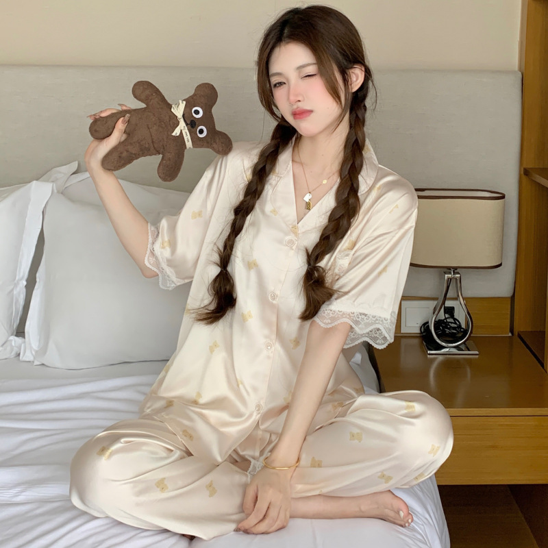Cross-Border Bear Lace Summer Thin Pajamas Women's Short-Sleeved Pants Ice Silk High-Value Ins Style Foreign Trade Wholesale Cross-Border Bear Lace Summer Thin Pajamas Women's Short-Sleeved Pants Ice Silk High-Value Ins Style Foreign Trade Wholesale