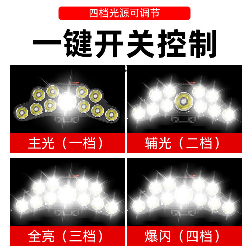 Nueva Lámpara Frontal de 11 Núcleos de Alta Potencia, Recargable por USB, para Pesca Nocturna, Pesca al Aire Libre, Iluminación de Nueve Cabezas, para Correr de Noche, Camping, Luz LED