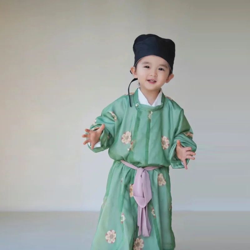 新款男童汉服中国风夏季新中式唐制古装圆领袍绿色双层薄款演出服|undefined