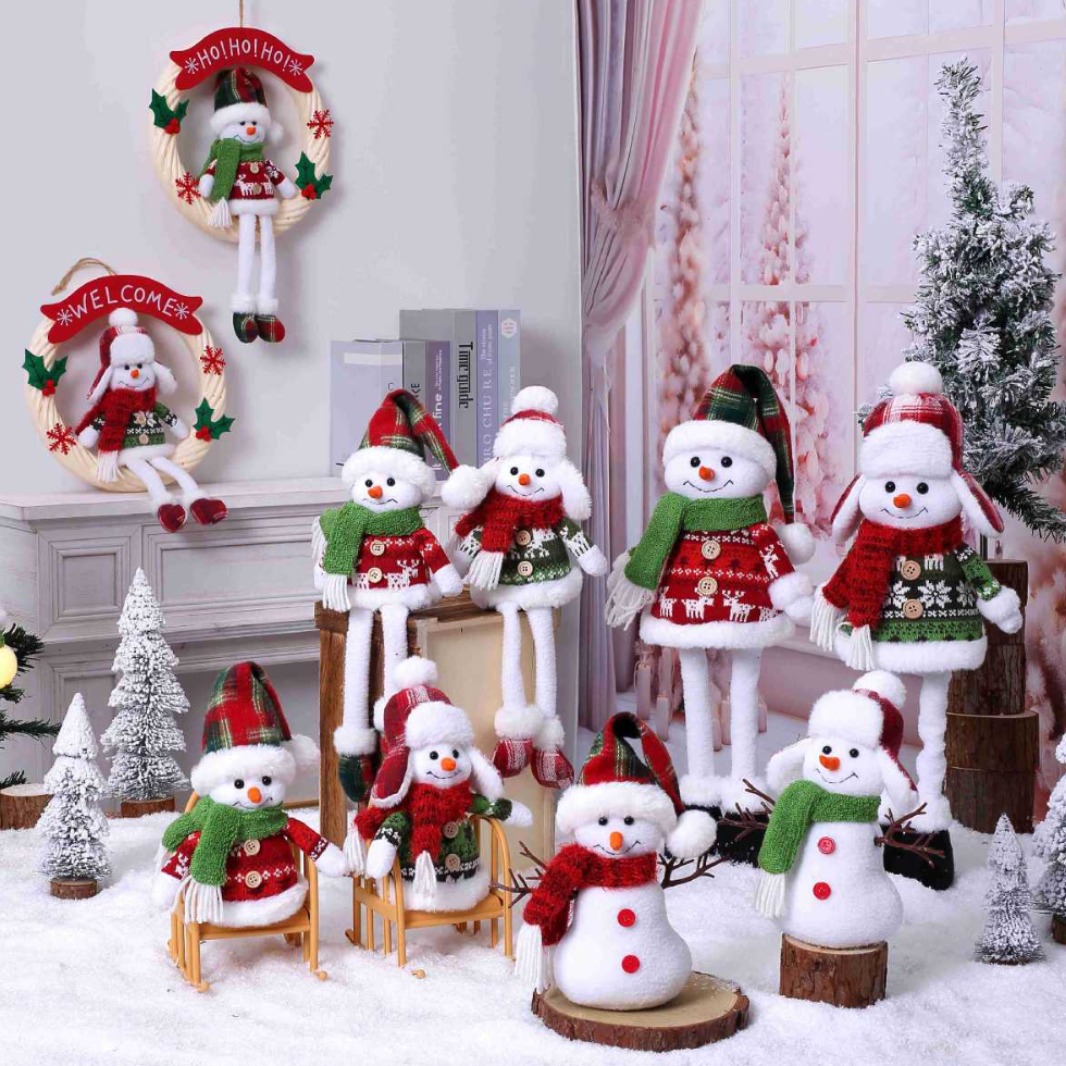 Adorable muñeco de nieve de Navidad sentado muñeca ventana decoración cruzada Rudolph sombrero muñeca decoración al por mayor