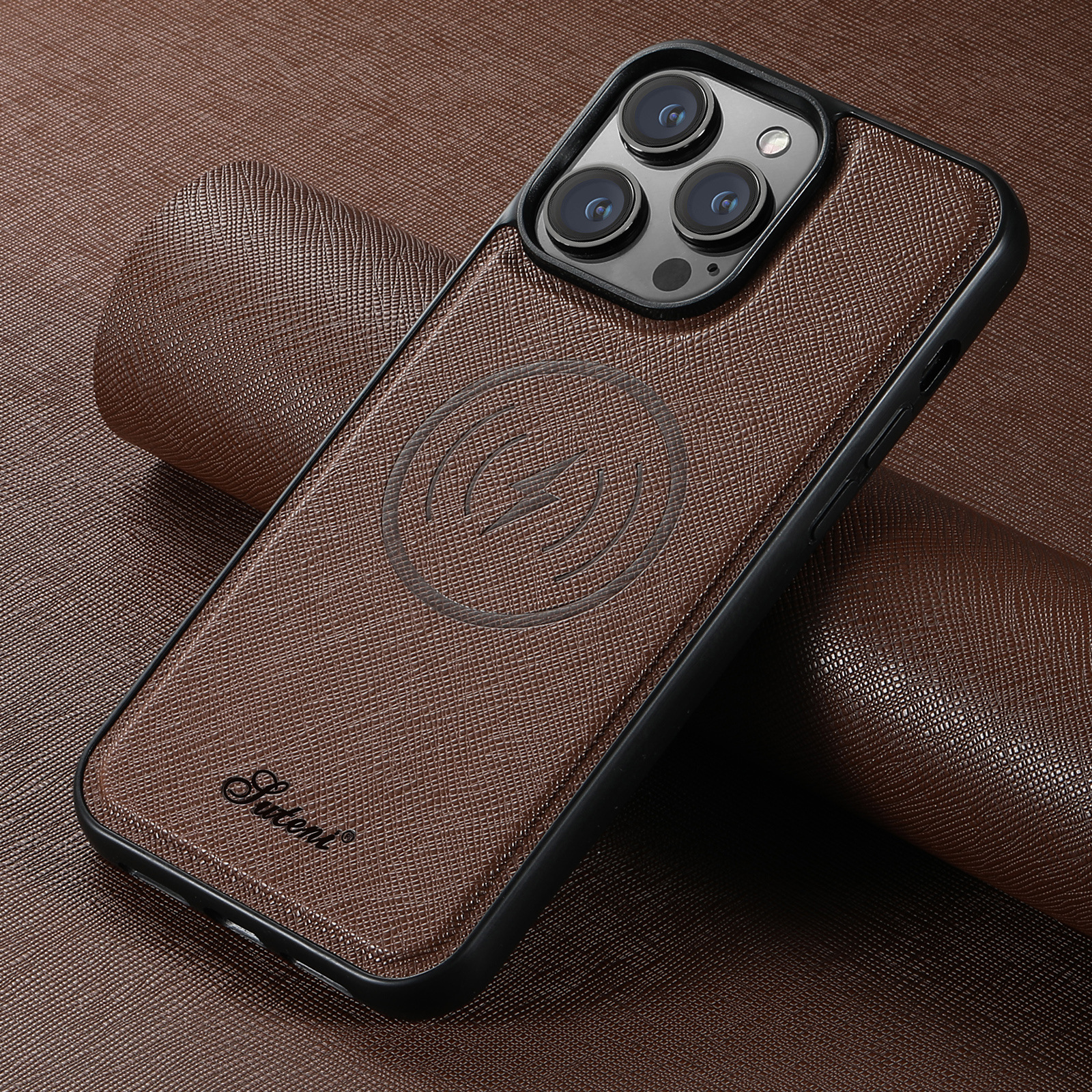 适用iPhone16Pro磁吸无线充电MagSafe手机壳15Plus十字纹保护皮套