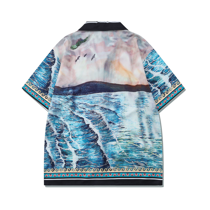 Chaoshen verano casual playa camisa de manga corta europea y americana impresión digital ola abstracta suelta traje cardigan hombres