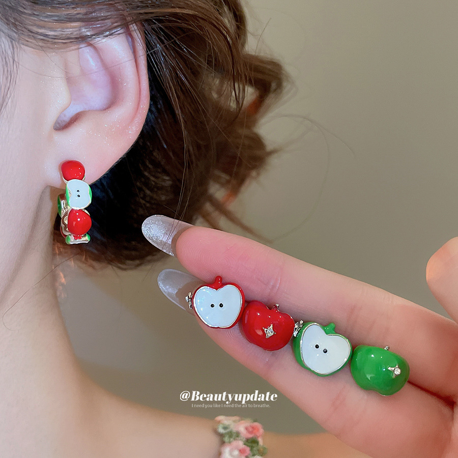 Ensemble de bagues en forme de pomme en forme de C, style forêt, avec aiguille argentée et motif goutte d'huile. Boucles d'oreilles au design unique et frais._voghion.com