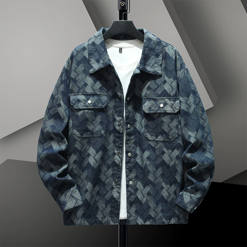 Джинсовая куртка мужская весенняя и осенняя мода мужская клетчатая куртка плюс жир, чтобы увеличить повседневную свободную тенденцию мужской топ