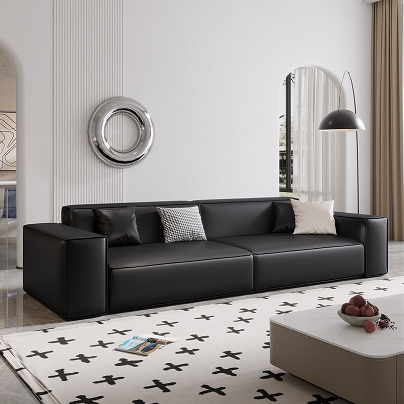 Tofu Block Sofa, Genuine Leather, Straight-Line Design for Small Living Rooms, Italian Minimalist Style, Top-Grain Leather, Semi-Aniline Leather, Cream-Style Sofa