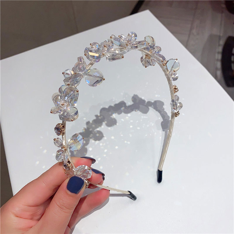 Nueva Corea del Sur elegante Flor de cristal de hadas hilo hecho a mano accesorios para el cabello diadema transparente con cuentas diadema horquilla