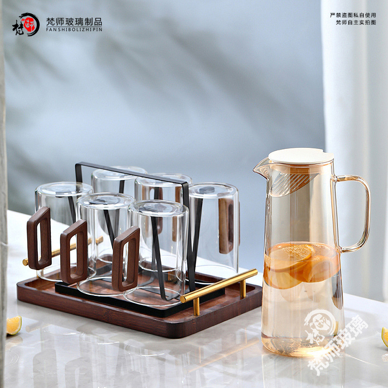 500ml大容量水具套装家用待客喝水杯子透明带木把手高硼硅耐热玻|undefined