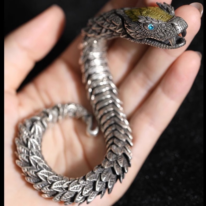 Sterling Silver Bracelet for Men, High-End Feel, Personalized Medusa Rattlesnake, Hip-Hop and Domineering