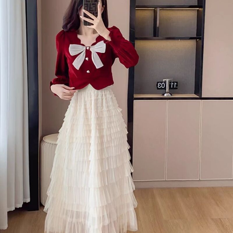 网纱秋套装女服小个子穿搭一整套蛋糕半身裙2025年上衣休闲两件套|undefined