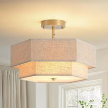 跨境专供现代吊灯天花板灯具带亚麻遮阳罩双鼓三灯入口卧室灯具