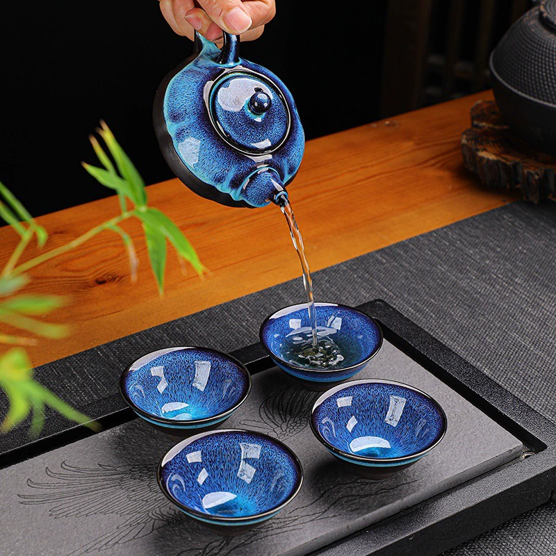 Набор для чая (Jianzhan) чайник Tianmu glaze Xishi, один чайник и четыре чашки, в подарочной коробке (варианты золото/Шадзин)