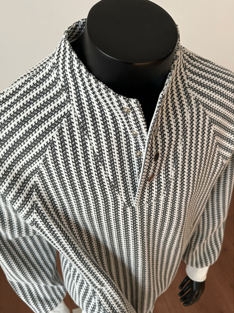 Fishbone Stripe Colour-blocked Sweatshirt Henley Collar Unisex_voghion.com