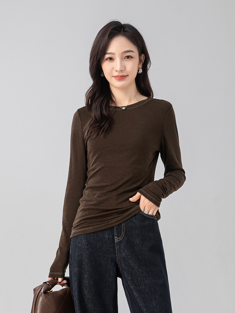 Áo thun nữ cổ tròn dáng rộng tay dài chất Tencel Cashmere phong cách retro Hàn Quốc — Màu cà phê