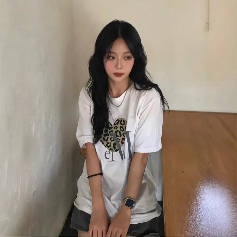 Korean Mu*Ce* Leopard Print Heart Letter Print Summer New Short-Sleeve Versatile Simple High-End Style Unisex T-Shirt