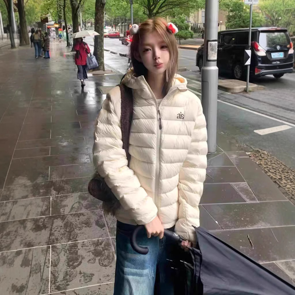 겨울용 여성 숏 패딩 재킷, 가볍고 얇은 후드형, 2025년 신상, 화이트, 루즈핏, 커플룩, 트렌디 브랜드, 소형 사이즈