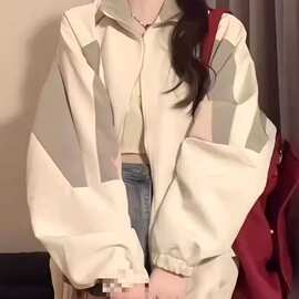 （小牛津）拼色飞行符翻领上衣女韩版chic宽松街头潮流百搭