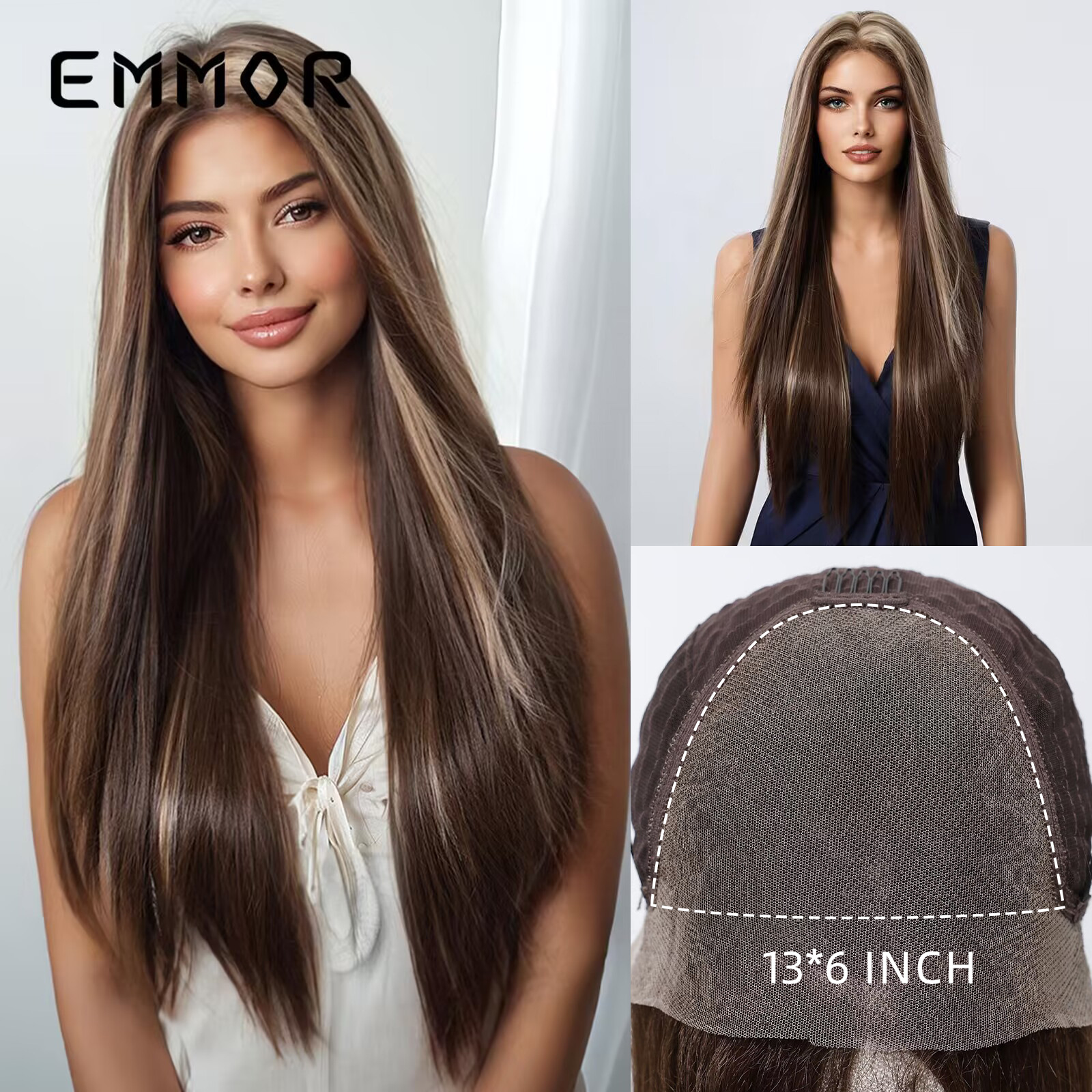 Futura 13*6 Peluca europea y americana de encaje de área grande, pelo liso de longitud media para mujer, costura realista para el cabello, costura aleatoria