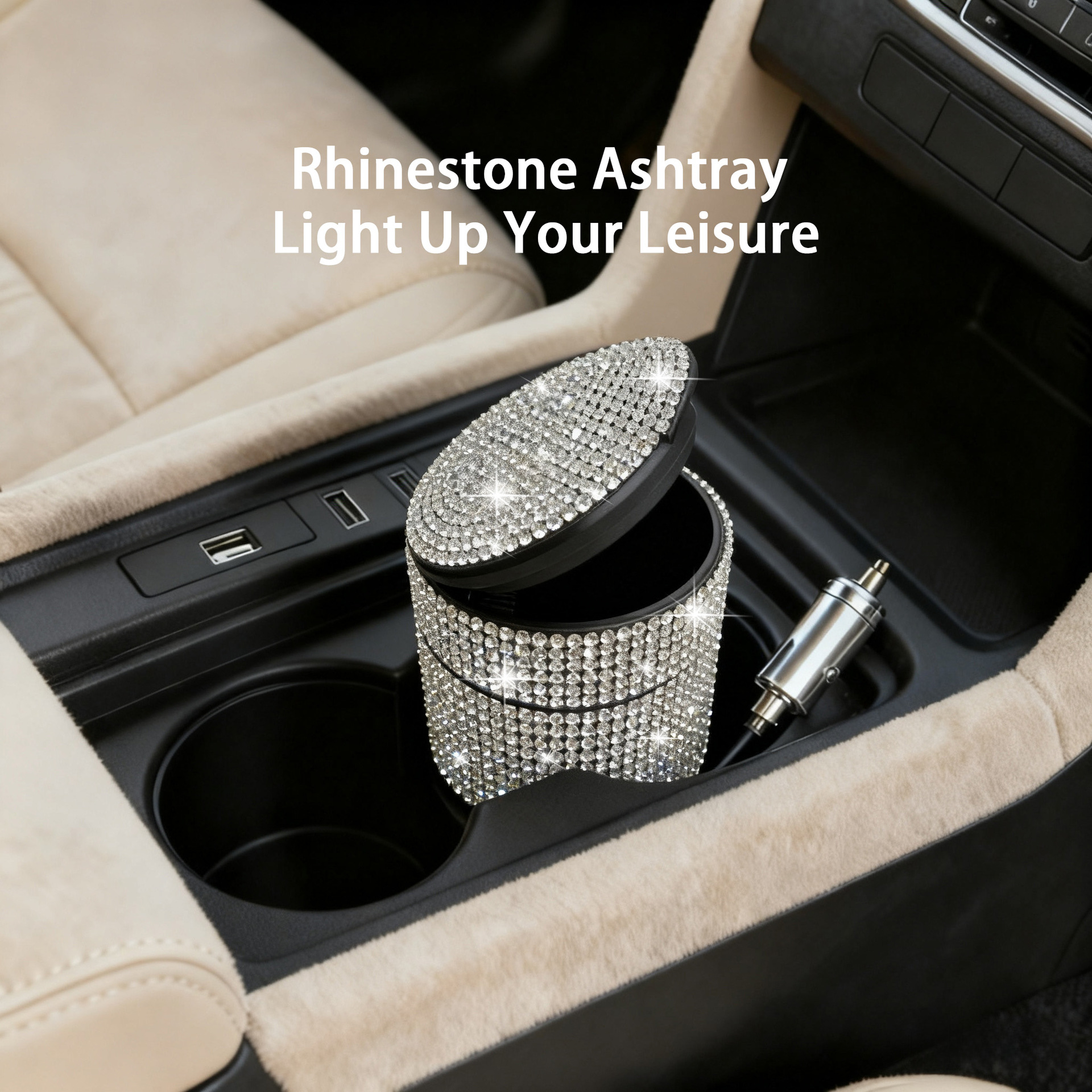Cross-Border Hot-Selling Fashionable Diamond-Encrusted Car Ashtray Multi-Functional Car Ashtray Anti-Fly Ash Ashtray with Lid